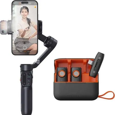 Immagine prodotto di Gimbal portatile a 3 assi con tracciamento dell'immagine tramite IA - Struttura in fibra di carbonio - Angolo di inclinazione di 80 gradi - Rotazione di 330 gradi - Stabilizzatore per smartphone - Nero - USB-C