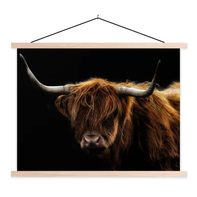 Produktbild von MuchoWow® Textilposter Schottischer Highlander - Hörner - Schwarz - Tiere - Natur - Wild - Kuh 40x30 cm mit holzfarbenen Rahmen - Bilder
