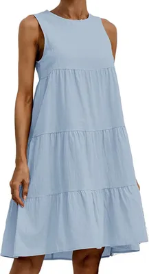 Produktbild von ASKSA Damen Kleider Round Neck Sommerkleid Dress Loose Sleeveless Patchwork Knielang Dresses, Blau, XXL