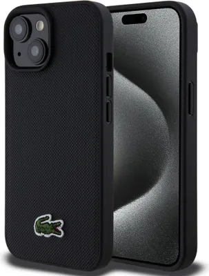 A black iPhone case with a green Lacoste logo is shown from an angle, with the phone screen visible behind it.