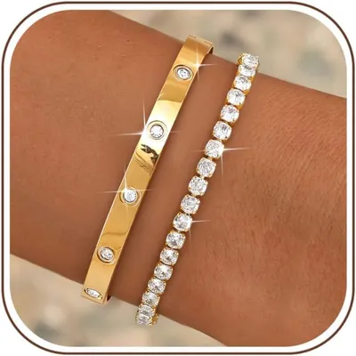 Produktbild von Tennisarmband 14 Karat vergoldet, Edelstahl, Zirkonia, verstellbar, für Damen