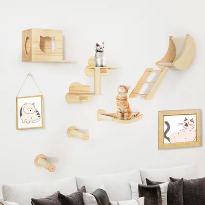 Produktbild von BALCONERA Katzenkletterwand 7-teiliges Set aus Holz, Stabiles Katzenmöbel mit Katzenhaus, Katzenbett, Treppe, Sisalpfosten und Katzenhängematte