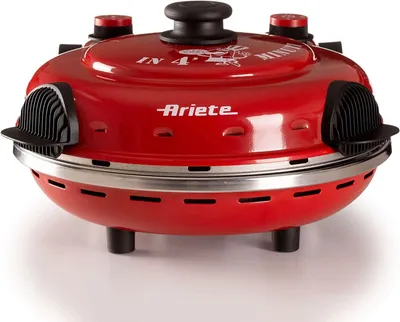 A red Ariete pizza oven is shown on a white background.
