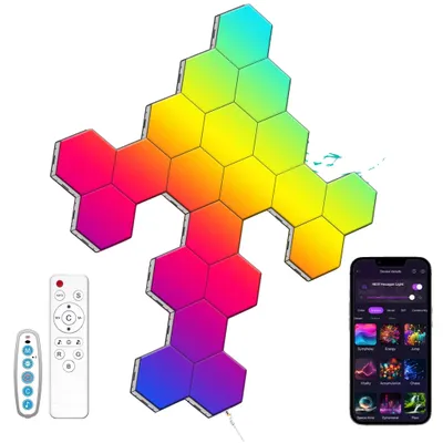 Obrázok produktu pre Hexagonálne LED panely, synchronizácia s hudbou, ovládanie cez aplikáciu a diaľkové ovládanie, 20 kusov hexagonálnych LED svietidiel