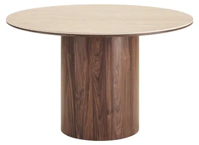 Productafbeelding van Minamata eetkamertafel Ø120cm, keramisch tafelblad travertin, walnootdecor.