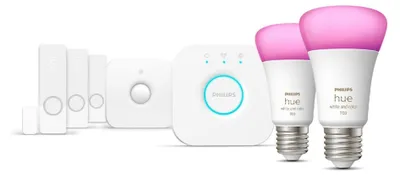 Produktbild von PHILIPS HUE Sicheres Basisset – 2x E27 9W 1100lm 2000–6500K RGB + Bridge + Bewegungsmelder + 3x Fenstersensor