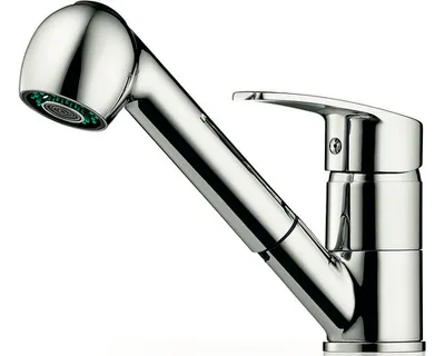 A chrome kitchen faucet with a pull-out spray head, shown against a white background.