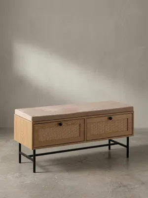 Produktbild von Schuhbank mit Stoff-Sitzfläche 100x48x38 cm Garderobenbank Eiche-Nachbildung, Sitzbank Rattan Klein Gepolstert, Bank Schmal Flur mit Stauraum, Flurbank Flurmöbel mit Schubladen