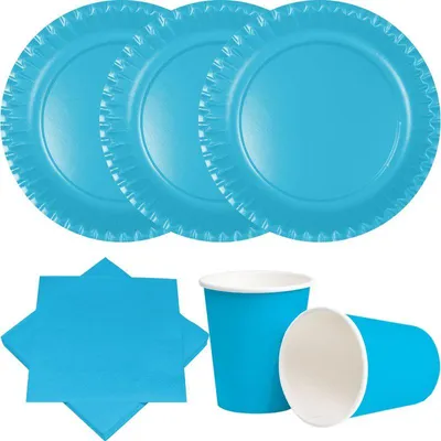 Produktbild von Party Deko Set türkis blau Einweggeschirr für 20 Personen Teller, Becher, Servietten Hochzeit Geburtstag