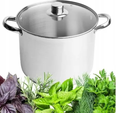 A stainless steel pot with a glass lid is shown, with a variety of fresh herbs arranged in front of it.