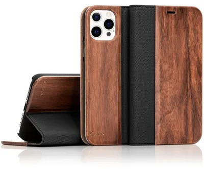 Zdjęcie produktu dla Etui z klapką NALIA z prawdziwego drewna do iPhone'a 13 Pro Max, naturalne drewniane etui z funkcją podstawki i kieszenią na karty, drewniane etui - orzech