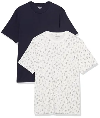 Produktbild von Amazon Essentials T-Shirts für Herren, 100% Baumwolle und Baumwoll-Polyester-Mischgewebe, Normale Passform, kurzärmelig, Rundhalsausschnitt, 2er-Pack, Marineblau/Weiß, Bootdruck, XX-Large