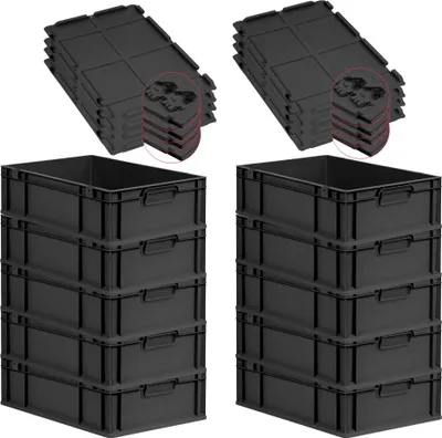 Produktbild von SuperSparSet 10x Eurobox NextGen Grip mit Scharnierdeckel und schwarzen Schiebeschnappverschlüssen | HxBxT 17x40x60cm | 34 Liter | Schwarz | Griffe geschlossen | Eurobehälter, Transportbox, Transportbehälter, Stapelbehälter