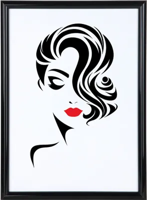 A stylized illustration of a woman's face with dramatic hair and red lips, framed in a black border.
