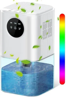 Imagen del producto de Deshumidificador para dormitorios - 1,7 litros, apagado automático, contador de 24 horas, botón táctil, iluminación LED de 7 colores, ideal para dormitorios, baños y oficinas