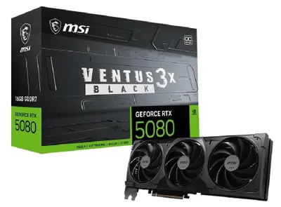 Produktbild von MSI VENTUS GEFORCE RTX 5080 16G 3X OC BLACK, GeForce RTX 5080, 16 GB, GDDR7, 256 Bit, 7680 x 4320 Pixel, PCI Express 5.0