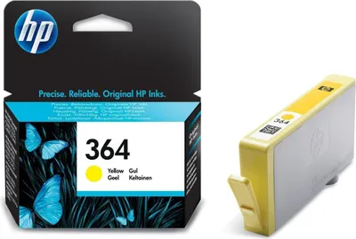 A product shot of an HP 364 yellow ink cartridge and its packaging.