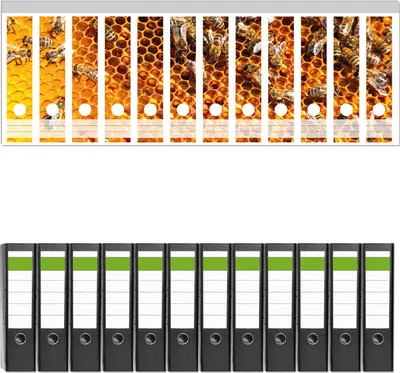 Produktbild von Wallario 12 Stück breite Ordner inkl. Klebeetiketten mit Motive Honigwaben mit Bienen -  Set mit Rückenschildern / Ordnerrücken Stickern