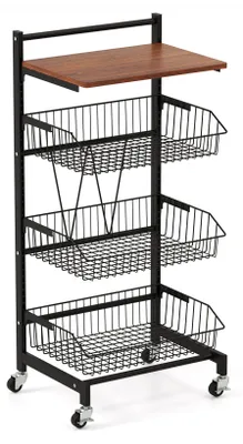 A black metal rolling cart with three wire baskets and a wooden top shelf, shown against a white background.