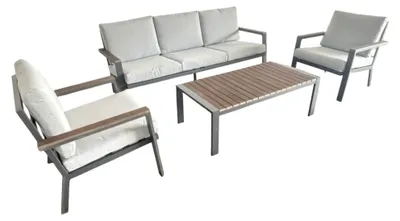 Immagine prodotto di Set di mobili da giardino - Set lounge - Set tavolo e sedie - Gruppo di sedute - Divano lounge - Struttura in alluminio - Piano del tavolo in compensato - 5 posti