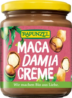 Produktbild von Rapunzel 130805, Nussaufstrich, 250 g, Milch, Nüsse, Deutschland, MACADAMIANÜSSE* (26,00%), Palmöl*, MAGERMILCHPULVER*, Sonnenblumenöl*, Rohrzucker*,..., Kühl und trocken lagern.