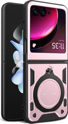 Produktbild von Handyhülle für Motorola Razr 50 Dual-Layer Stoßfest Rüstung Hülle mit Kreisförmig Ring Ständer Roségold