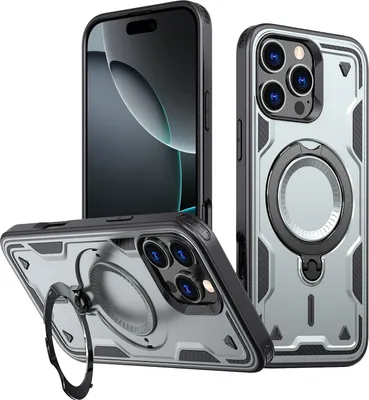 Produktbild von Dual Layer Hülle für iPhone 16 Pro Max Metall Ring Ständer Magnetisch Stoßfest Militär Handyhülle Grau