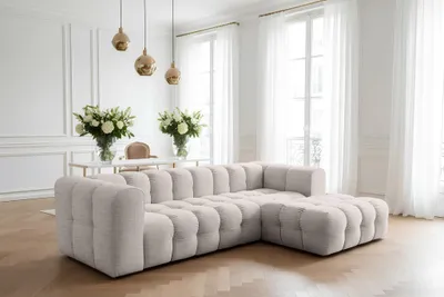 Produktbild von Ecksofa Designersofa SOLVIE in Stoff Moly Creme Ottomane Rechts