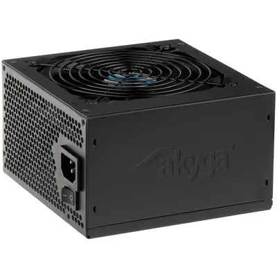 A black computer power supply unit (PSU) is shown from a diagonal angle.