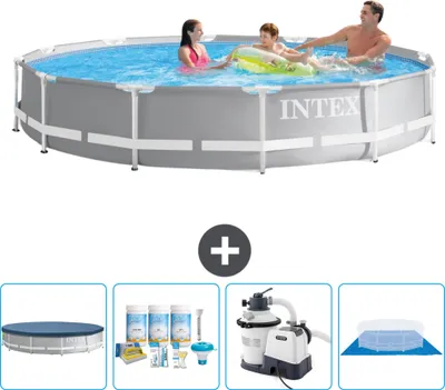 Produktbild von Intex Pool mit rundem Prismenrahmen – 366 x 76 cm – Grau – im Lieferumfang enthalten Abdeckung - Wartungspaket - Filterpumpe für Schwimmbad - Bodenplane
