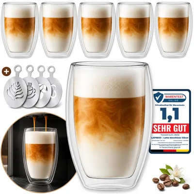 Produktbild von LAPRESO® Latte Macchiato Gläser doppelwandig 6er Set 450ml - Doppelwandige Gläser modernes Design Cappuccino Tassen Teegläser aus Borosilikatglas
