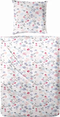 A flat lay of a pillowcase and duvet cover with a floral pattern.