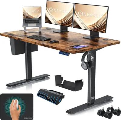 Produktbild von KESSER® Schreibtisch elektrisch & höhenverstellbar Computertisch Ergonomisch Stehen & Sitzen 3-Memory 360° Rollen USB-Ladeanschluss 140x70cm Braun