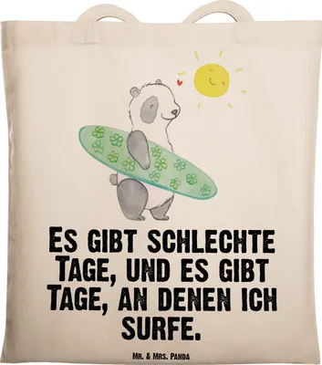 Produktbild von Mr. & Mrs. Panda Jutebeutel Panda Surfen - Transparent - Geschenk, Schultasche, Tasche, Wellenreiten, Shopping, festival, Tote Bag, Surfschule, Laptoptasche