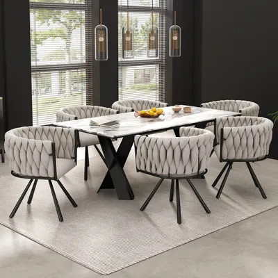 Productafbeelding van MODFU Draaistoel, linnen eetkamerstoel, set van 6, individuele, lichte, luxe draaistoelen voor de woonkamer of slaapkamer, met 4 metalen poten, beige en zwart