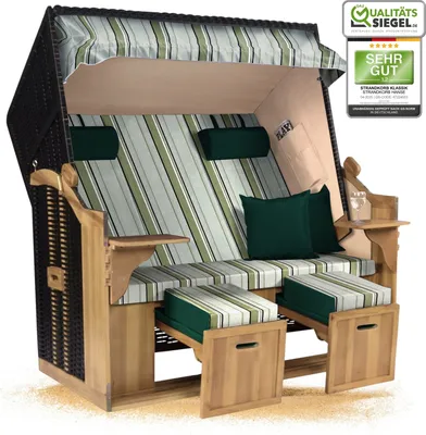 Produktbild von Strandkorb Ostsee 2,5-Sitzer 150cm breit in Schwarz Grün Weiß Grau Gestreift Montiert ideal für Balkon, Terrasse oder Garten