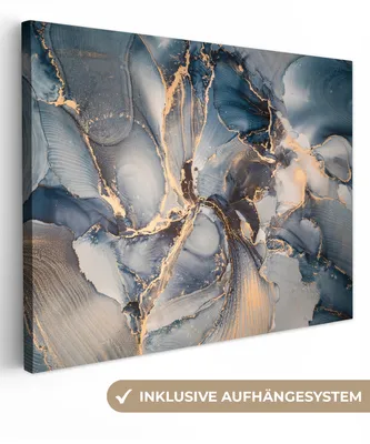 Produktbild von MuchoWow® - Leinwandbilder - Marmor - Grau - Blau - Luxus - Gold, Wandbild, Wanddeko Bilder Wohnzimmer, 120x90 cm
