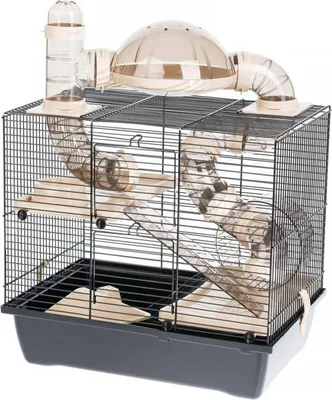 A hamster cage with multiple levels, tubes, and a water bottle.
