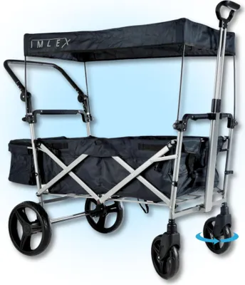 A black IMLEX wagon with a canopy, shown against a light blue background.