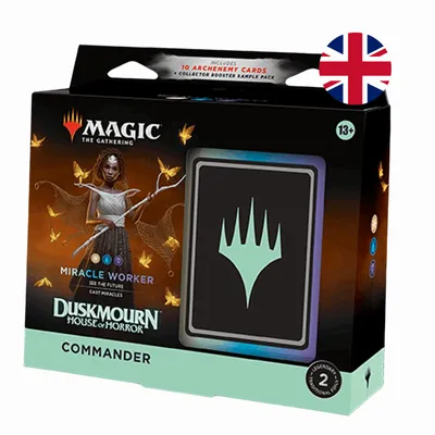 A product box for a Magic: The Gathering Commander deck, featuring artwork and product details.