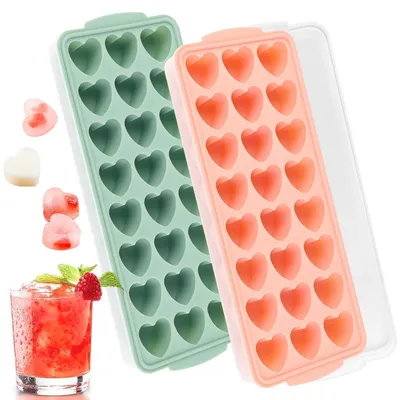 Immagine prodotto di Stampo per cubetti di ghiaccio a forma di cuore, 24 cavità, in silicone, confezione da 2 pezzi con coperchio, privo di BPA