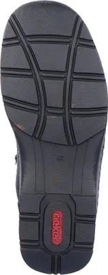 The sole of a black leather boot is shown against a white background.