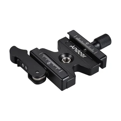 Produktbild von Andoer CL-50LS Aluminium Schnellwechselplatte – Schnellverschluss-Klemme mit 1/4" und 3/8" Schraubenloch – Kompatibel mit allen Arca-Swiss Stativköpfen
