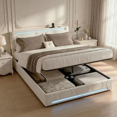 Zdjęcie produktu dla Łóżko platformowe INONEFT, 140x200 cm, tapicerowane, podwójne, z podświetleniem LED i portami USB, hydrauliczne łóżko z pojemnikiem na pościel, stelażem i zagłówkiem, kolor: beżowy