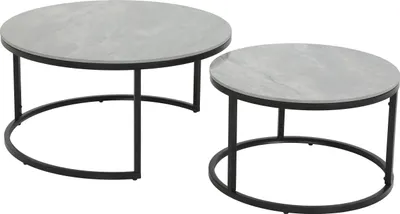 Produktbild von 2er Set Couchtisch Luis-Rund-Echtsteinplatte in Mamoroptik Hochglanz-Metallgestell Schwarz,Ø80+60cm