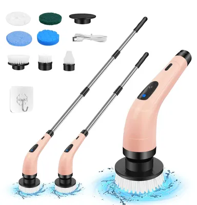 Image de Brosse de nettoyage électrique rechargeable - Brosse rotative - 2 vitesses - 7 têtes de brosse - Tige télescopique - Pour salle de bain et cuisine - Faible tension