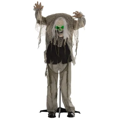 Zdjęcie produktu dla HOMCOM 160 cm dekoracja na Halloween: stojący szkielet z oświetleniem LED i funkcją dźwięku, dekoracja drzwi wejściowych z regulowanymi ramionami, figurka ogrodowa naturalnej wielkości na imprezę