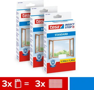 Produktbild von tesa 3x Fliegengitter Standard Insektenschutz Fenster ohne Bohren weiß 1,1x1,3 m