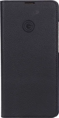 A black leather book-style phone case is shown.