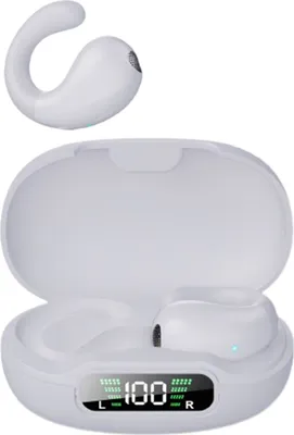 A white charging case for wireless earbuds is open, with one earbud inside and another earbud shown above the case. The charging case has a digital display showing battery levels and the number '100'.